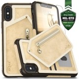 Zizo Nebula Wallet Case - Skórzane etui iPhone X z kieszeniami na karty   saszetka na zamek   szkło 9H na ekran (Tan/Bro
