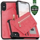 Zizo Nebula Wallet Case - Skórzane etui iPhone X z kieszeniami na karty   saszetka na zamek   szkło 9H na ekran (Pink/Bl