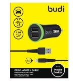 Budi - Ładowarka samochodowa 2x USB z kablem Lightning w zestawie-890890
