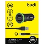Budi - Ładowarka samochodowa 2x USB z kablem USB-C w zestawie-890891