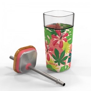 Quokka Liquid Cube -  Kubek szklany 540 ml ze słomką ze stali nierdzewnej (Pink Jungle)-1881966