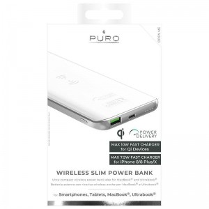 PURO Wireless Slim Power Bank - Uniwersalny Power Bank z ładowaniem bezprzewodowym / USB-A / USB-C Power Delivery, Qi, 18 W (biały)-267137