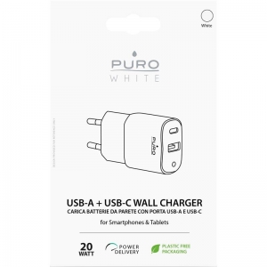 PURO White Mini Fast Travel Charger - Ładowarka sieciowa USB-A + USB-C Power Delivery 20W (biały)-2762781