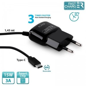 PURO Fast Charger Mini Travel Charger - Uniwersalna ładowarka sieciowa z kablem USB-C o dwustronnym wtyku, 3 A (czarny)-