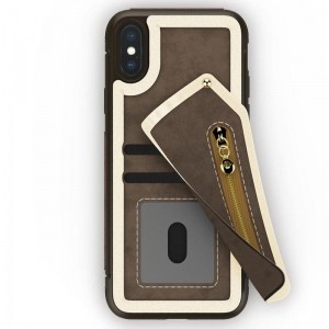 Zizo Nebula Wallet Case - Skórzane etui iPhone X z kieszeniami na karty   saszetka na zamek   szkło 9H na ekran (Dark Brown/Brown)-458984