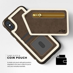 Zizo Nebula Wallet Case - Skórzane etui iPhone X z kieszeniami na karty   saszetka na zamek   szkło 9H na ekran (Dark Brown/Brown)-458989