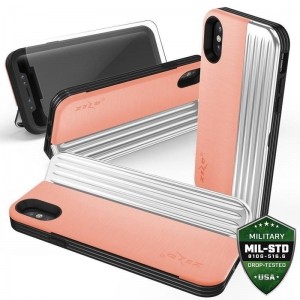 Zizo Retro Series - Etui iPhone Xs / X z kieszenią na karty   podstawka   szkło 9H na ekran (Peach/Silver)-575850