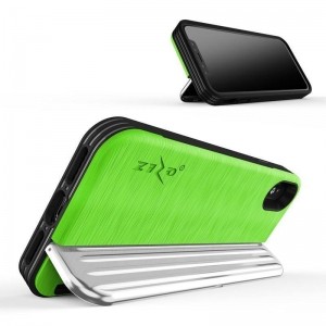 Zizo Retro Series - Etui iPhone Xs / X z kieszenią na karty   podstawka   szkło 9H na ekran (Neon Green/Silver)-575862