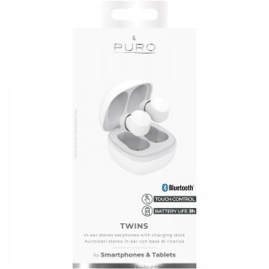 PURO TWINS True Wireless Stereo Earphones 5.0 – Bezprzewodowe słuchawki Bluetooth V5.0 z etui ładującym, wodoszczelność IPX6 (Biały)-645920