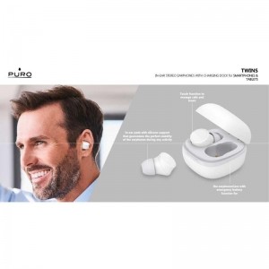 PURO TWINS True Wireless Stereo Earphones 5.0 – Bezprzewodowe słuchawki Bluetooth V5.0 z etui ładującym, wodoszczelność IPX6 (Biały)-645921