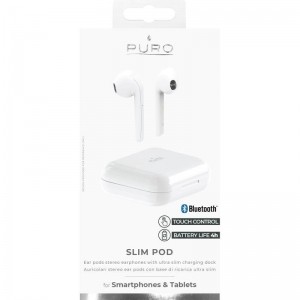 PURO SLIM POD True Wireless Stereo Earphones 5.0 – Bezprzewodowe słuchawki Bluetooth V5.0 z etui ładującym, wodoszczelność IPX5 (Biały)-645932