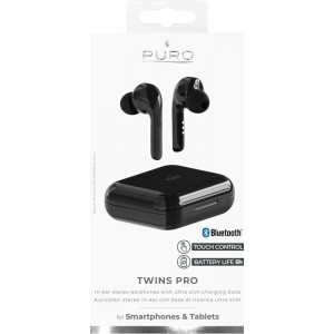 PURO TWINS PRO True Wireless Stereo Earphones 5.0 – Bezprzewodowe słuchawki Bluetooth V5.0 z etui ładującym, wodoszczelność IPX5 (Czarny)-645938