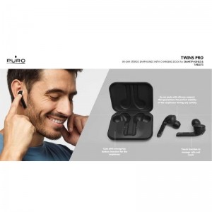 PURO TWINS PRO True Wireless Stereo Earphones 5.0 – Bezprzewodowe słuchawki Bluetooth V5.0 z etui ładującym, wodoszczelność IPX5 (Czarny)-645939