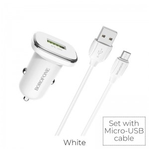 Borofone - ładowarka samochodowa USB z QC3.0 i kablem micro USB w zestawie, biały-891377