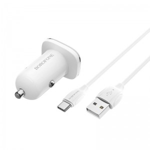Borofone - ładowarka samochodowa USB z QC3.0 i kablem USB-C w zestawie, biały-891382