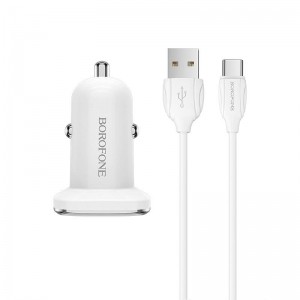Borofone - ładowarka samochodowa USB z QC3.0 i kablem USB-C w zestawie, biały-891383