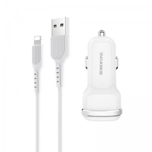 Borofone - ładowarka samochodowa 2x USB kabel Lightning w zestawie, biały-891394