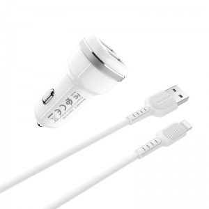Borofone - ładowarka samochodowa 2x USB kabel Lightning w zestawie, biały-891395
