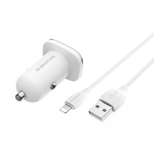 Borofone - ładowarka samochodowa 2x USB kabel Lightning w zestawie, biały-891405