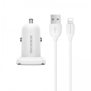 Borofone - ładowarka samochodowa 2x USB kabel Lightning w zestawie, biały-891406