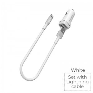 Borofone - ładowarka samochodowa 2x USB kabel Lightning w zestawie, biały-891436