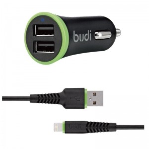 Budi - Ładowarka samochodowa 2x USB z kablem Lightning w zestawie-892623